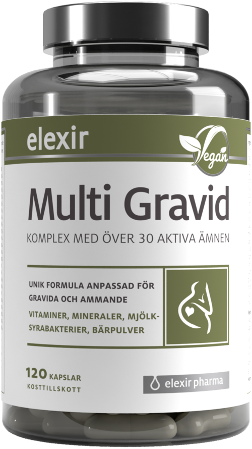 En kosttillskottsflaska märkt 'Multi Gravid' för gravida kvinnor, innehållande vitaminer, mineraler, mjölk- och bärpulver, med 120 kapslar.