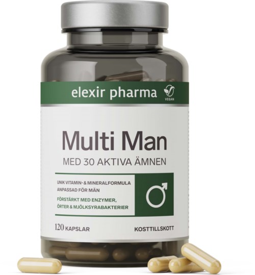Vegan kosttilskuddsflaske kalt Multi Man med 120 kapsler, for menns helse, med vitaminer, enzymer og probiotika.