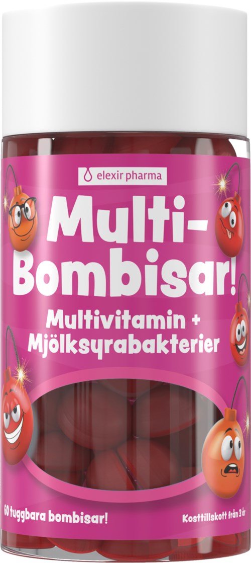 En rosa flaska med roliga bakteriefigurer och stor vit text. Den heter "Multi-Bombisar" med vitaminer och bakterier.