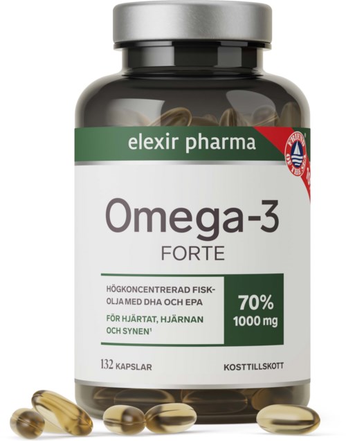 En flaska Omega-3-tillskott med fiskolja och några kapslar utanför. Etiketter säger Forte, 70%, 1000 mg.