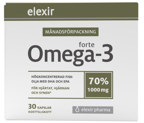 Packungsaufkleber für Fischölkapseln, hebt Omega-3 hervor, 70% Konzentration, 1000 mg pro Kapsel, enthält DHA und EPA.