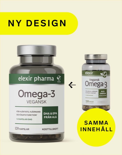 Ny design för Omega-3-tillskott med specifikt innehåll på etiketten.