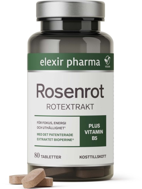 En flaska kosttillskott som heter Rosenrot, med tabletter i närheten, som främjar energi och fokus.