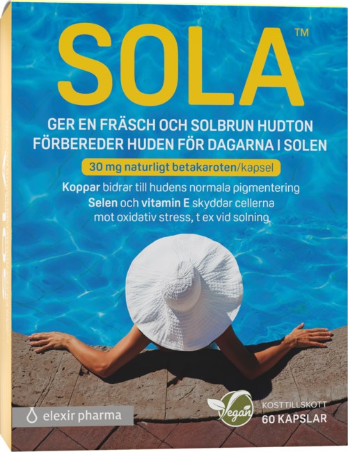 Et solbeskyttelsestilskudd med svensk tekst som beskriver fordeler, viser en person med hatt ved en svømmebasseng.