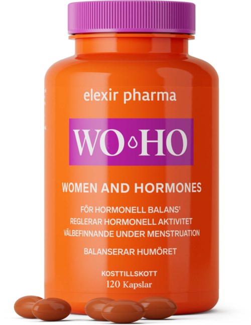 Pullo kapseli nimeltä WO·HO naisille ja hormonien tasapainoon, roosa korkki ja oranssi pullo, sisältää 120 kapselia.