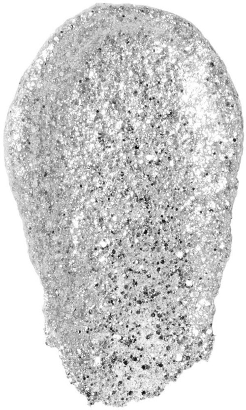 En glitteraktig, sølvfarget form som ligner et hode eller ansikt. Den er skurrende og glitrende overalt.