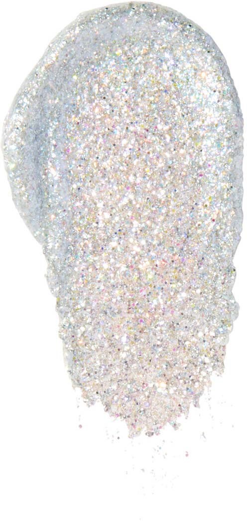 En liten hög av vitt glitter som glittrar med färgglada reflektioner.