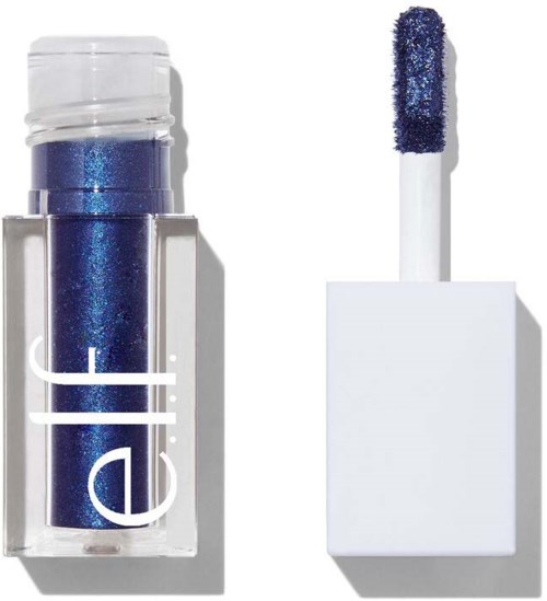 Blå glitter leppglans med en hvit applikator som har en blå svampespiss.