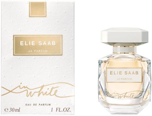En parfymeflaske og eske for Elie Saab Le Parfum In White, elegant og enkel design med gull- og hvite farger.