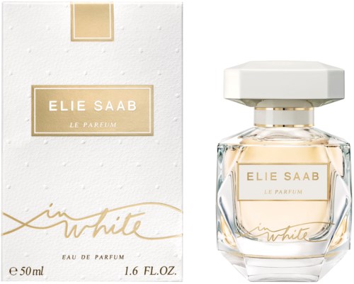 Parfymeflaske og eske merket 'Elie Saab Le Parfum in white' med gull og hvit design.