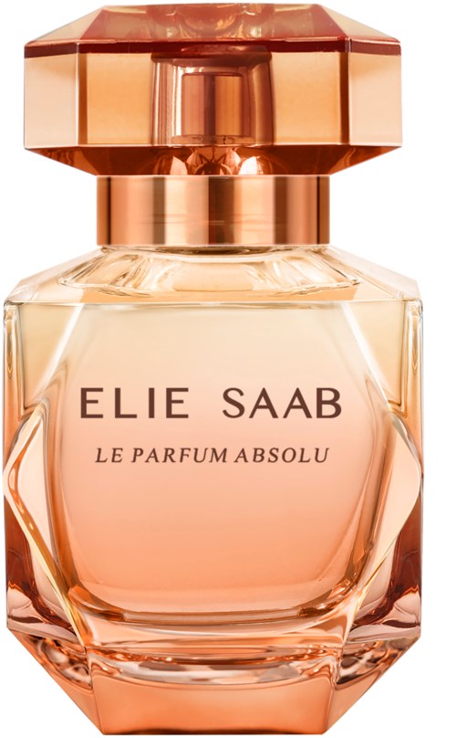 En parfymeflaske med rosa-oransje farge og en stor, juvel-lignende hetten. Etiketten sier 'Elie Saab Le Parfum Absolu.'