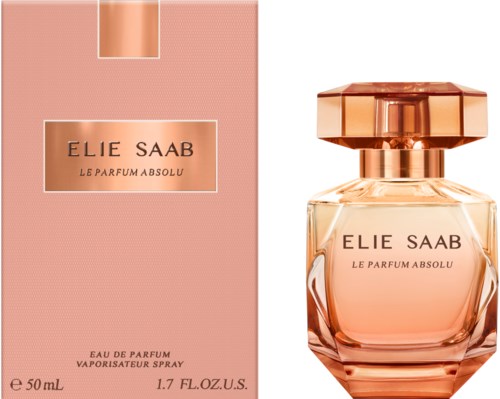 En duftflaske og eske med rosa og gull design, merket Elie Saab Le Parfum Absolu, 50 ml.