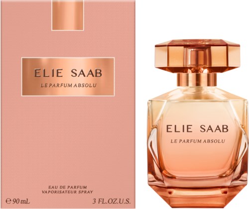 En parfymeflaske og eske for Elie Saab Le Parfum Absolu i rosa og rose gullfarger.