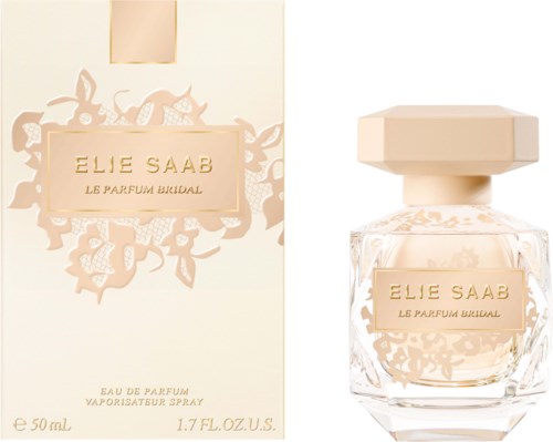 En parfymeflaske med blomsterdesign, merket Elie Saab Le Parfum Bridal, og en matchende eske.