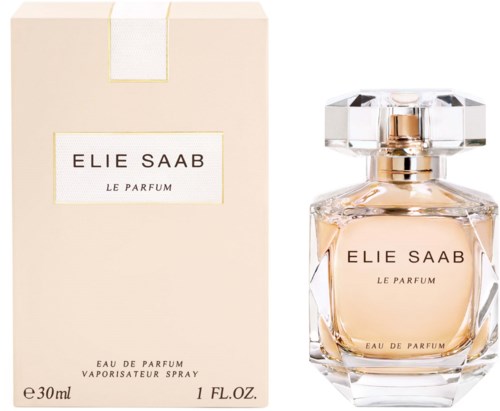 En parfymeflaske og eske merket 'Elie Saab Le Parfum' vises, med parfymen i et glassklebeger og en dekorativ lås.
