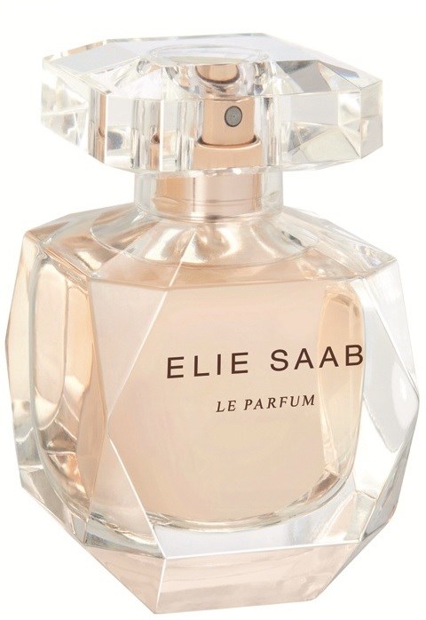 En klar glassparfymeflaske med lyse rosa væske inni, merket 'ELIE SAAB LE PARFUM', med en faset kork.