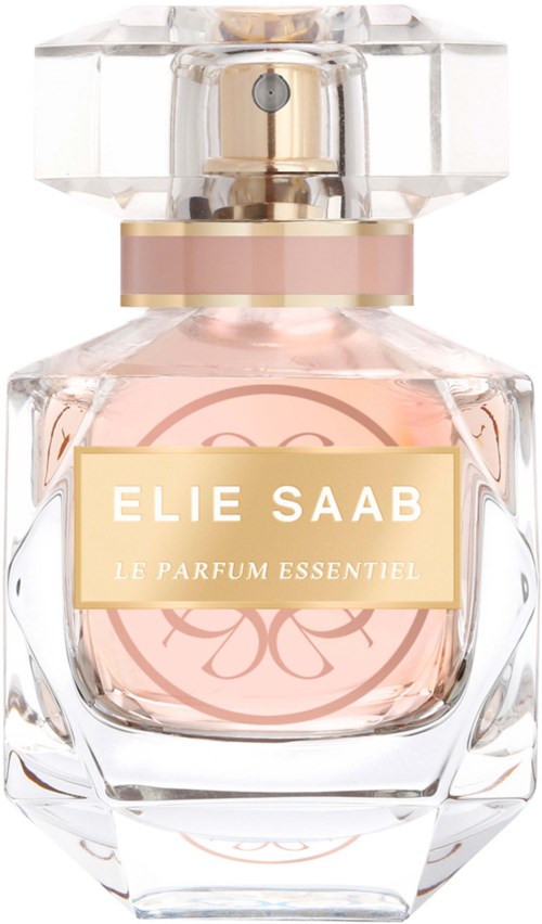 En glassparfymeflaske med rosa og gull etikett, og et klart, dekorativt lokk. Etiketten sier 'ELIE SAAB LE PARFUM ESSENTIEL.'