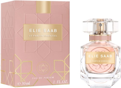En rosa parfymeeske med gulldetaljer og en klar flaske med rosa parfyme inni. Både esken og flasken har Elie Saab-etiketter.