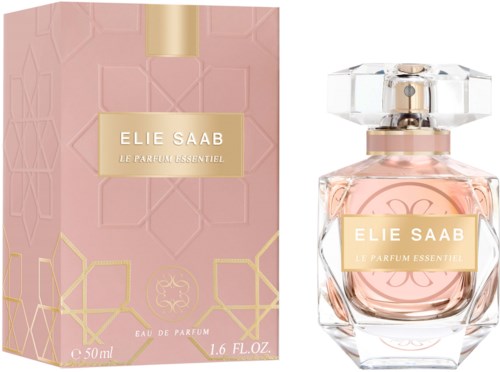 A pink perfume box and a clear glass bottle with gold and pink labels, containing perfume.