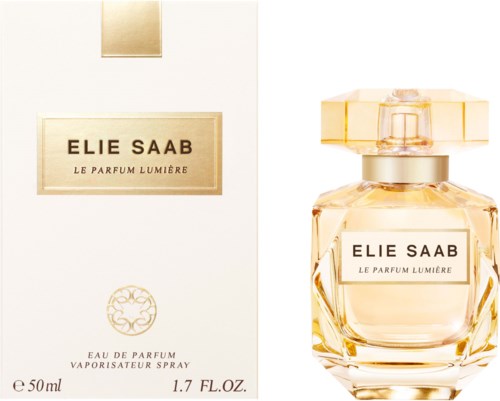 En parfymeflaske og eske merket 'Elie Saab Le Parfum Lumière', med gullfarger og klar glassflaske.
