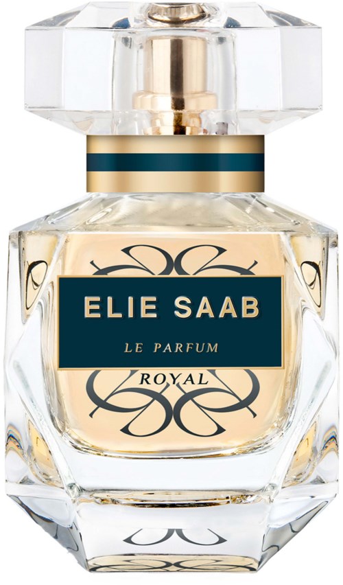 En parfume flaske mærket 'Elie Saab Le Parfum Royal' med guld og navy design, klart glas og en dekorativ hætte.