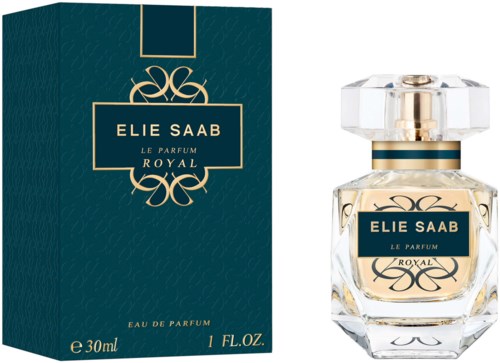 En parfymeflaske og æske til Elie Saab Royal parfume, elegant gul og blå design, 30 ml.