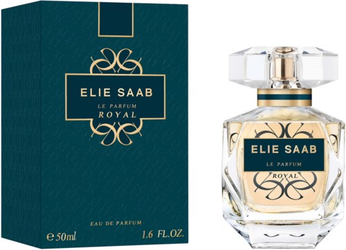 Een parfumdoos en fles met label Elie Saab Royal. De doos is donkerblauw, de fles is doorzichtig met een gouden dop.