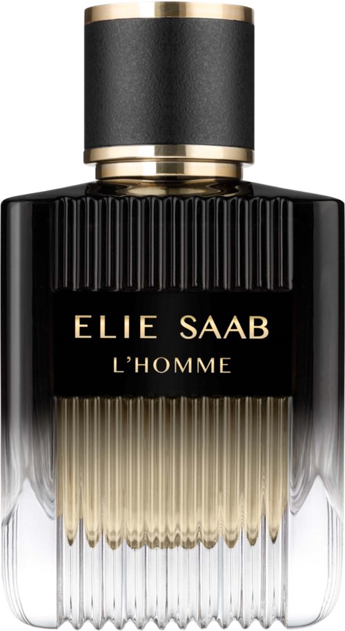 En elegant parfymeflaske i svart og gull, merket Elie Saab L'Homme, har en teksturert hette og en dekorativ base.