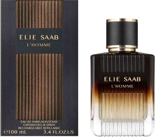 Een parfumfles en doos met zwart en goud ontwerp, gelabeld Elie Saab L'Homme, Franse geur.