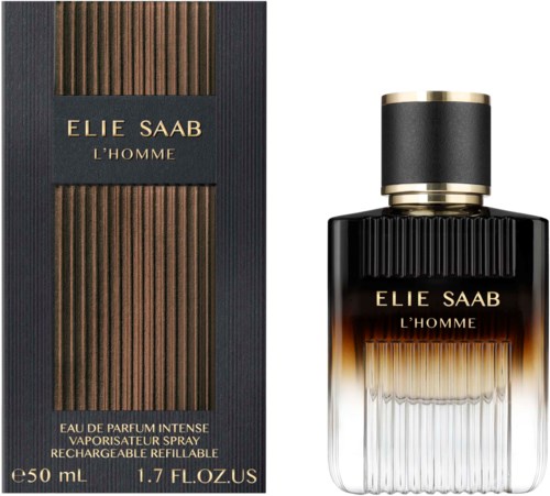 Een geurstokfles met een zwarte en gouden dop naast een doos, beide gelabeld ELIE SAAB L'HOMME, 50 ml.