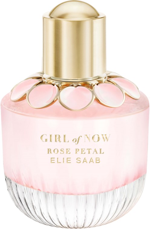 En rosa parfymeflaske med gullhette og blomsterblader, merket Girl of Now Rose Petal av Elie Saab.