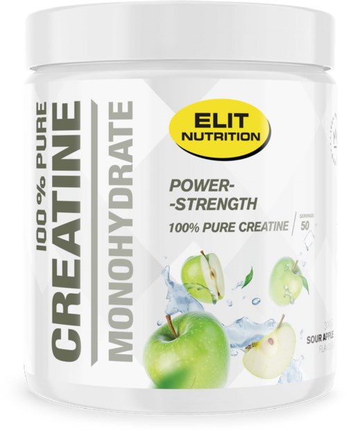 Beholder med grønne og oppskårne epler med vannsprut, etiketten sier Elite Nutrition kreatintilskudd.