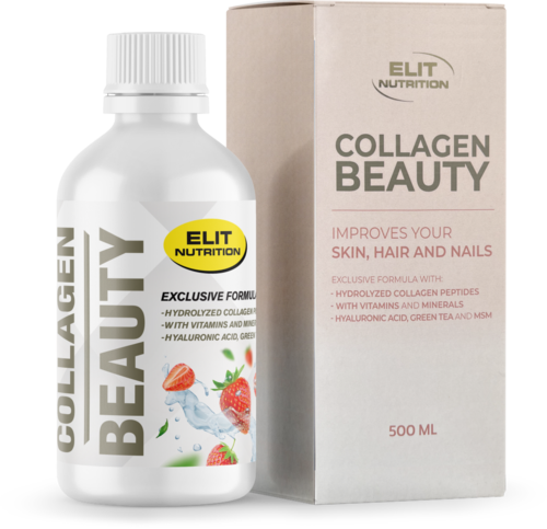 En vit flaska med kollagentillskott och en etikett, bredvid en box märkt 'Collagen Beauty' av Elit Nutrition.
