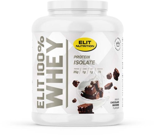 A white protein powder container labeled "ELIT 100% WHEY PROTEIN ISOLATE" with chocolate flavor, showing chunks and a scoop.