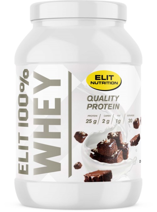 Elit Nutrition's protein powder container with text and images of chocolate pieces and a spoonful of protein.