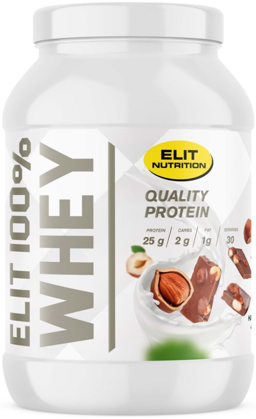 En vit behållare med proteinpulver, mandlar och chokladbitar på etiketten, inklusive näringsinformation.