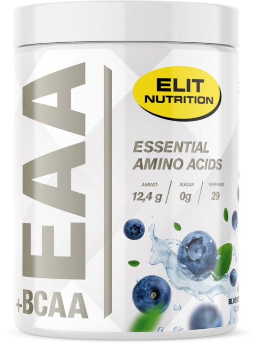 A white container of dietary supplement with blueberries and a unicorn, labeled 'ELIT NUTRITION ESSENTIAL AMINO ACIDS'.