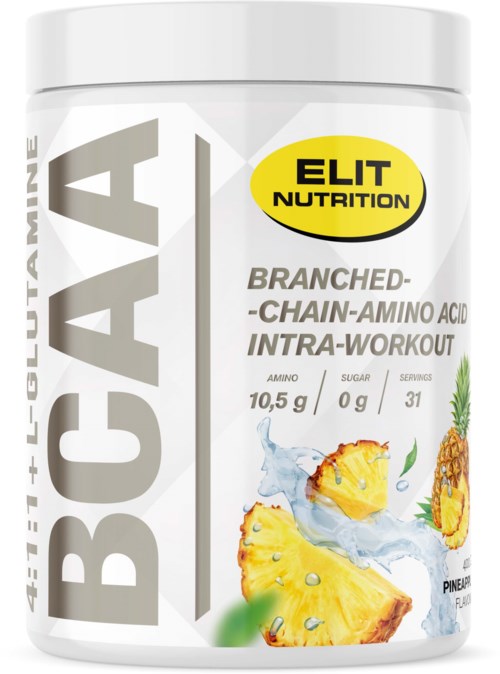 Förpackning för aminosyretillskott med ananasbild och gul ELIT NUTRITION-logga.
