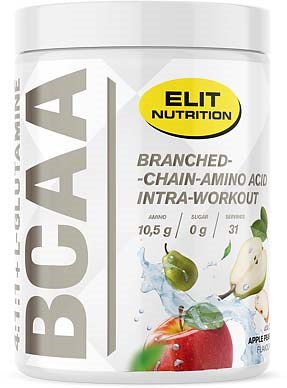 En burk med BCAA-tillskott med äpple- och päronsmak, som främjar muskelåterhämtning efter träning.