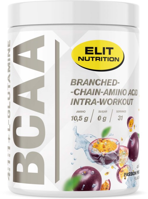 En hvit beholder av Welcome BCAA-tilskudd med druesmak, med bilder av druer og pasjonsfrukt, og informasjon om aminosyrer.