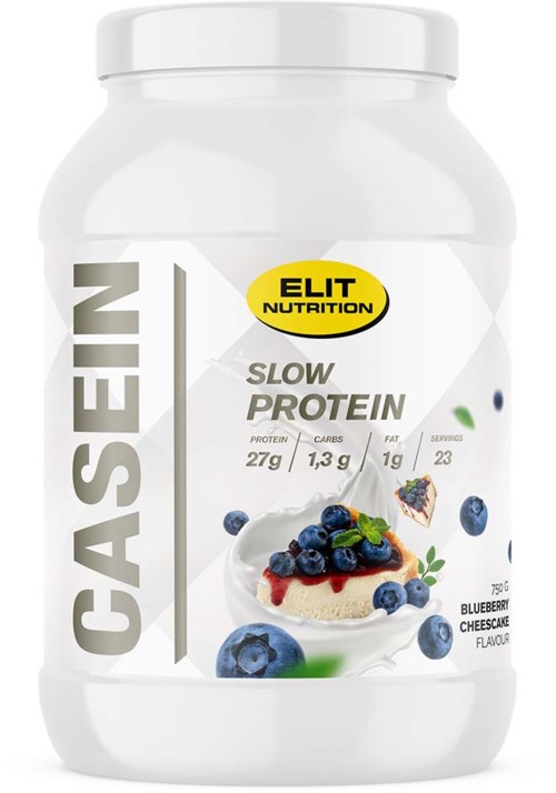 En vit behållare med proteinpulver med blåbärs- och cheesecake-smak, märkt 'Casen' och 'Slow Protein', från Elit Nutrition.