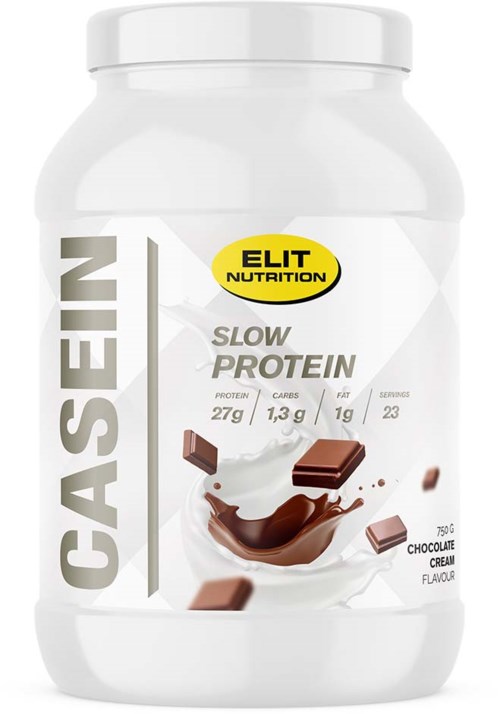 Vit behållare av ELIT Nutrition långsam proteindryck med chokladsmak och några chokladbitar som faller i ett stänk.