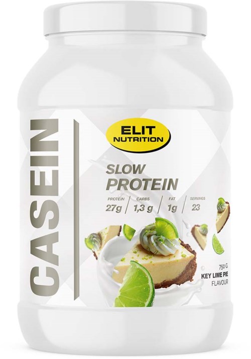 En hvit beholder med slow protein med lime smak, viser limebåter og dessert på etiketten.