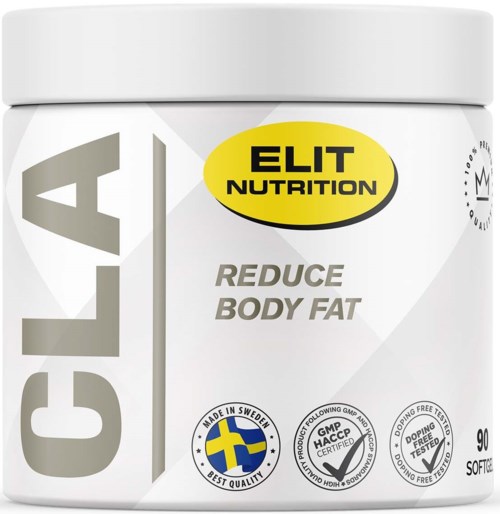 En hvit beholdermerke med gul og svart ELIT NUTRITION-logo, med tekst om å redusere kroppsfett, svensk kvalitet og testing.