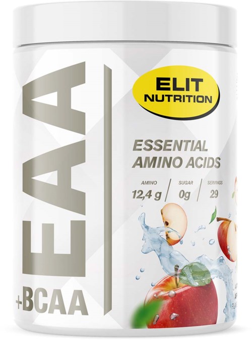 En hvit beholder med gul etikett, viser et eple og vannsprut, for ELIT Nutrition aminosyretilskudd.