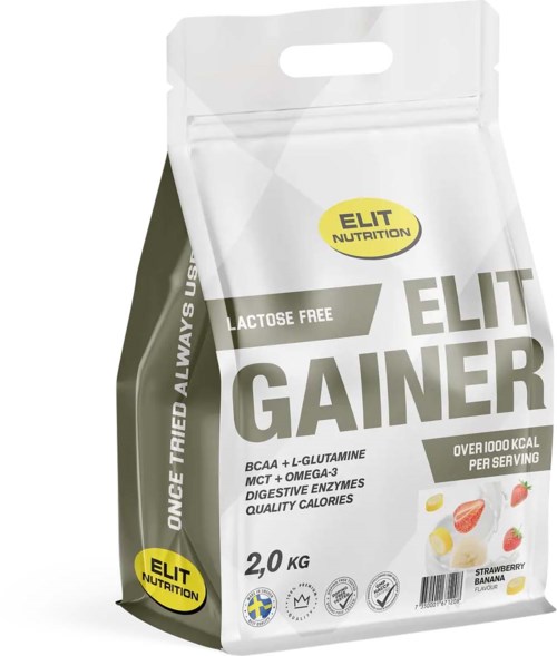 En vit och grå påse med ELIT GAINER proteinpulver som är laktosfritt och har jordgubbs- och banansmak.