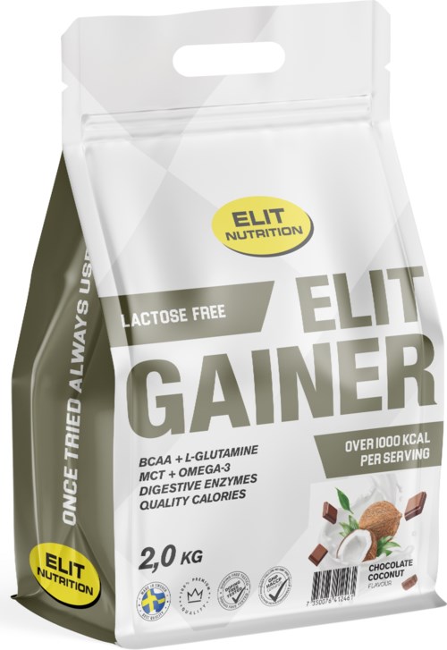 Laktosfri proteinpulver med choklad kokos smak, 2 kg paket, högkalorier, innehåller BCAA, L-glutamin, MCT, omega-3.