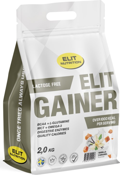 A white bag labeled 'ELIT GAINER' that is lactose free, 2 kg, with images of vanilla and caramel. It highlights high calories.
