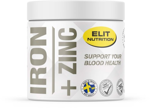 En vit behållare med lock, märkt med orden "Iron + Zinc" och en gul oval som säger "ELIT NUTRITION."