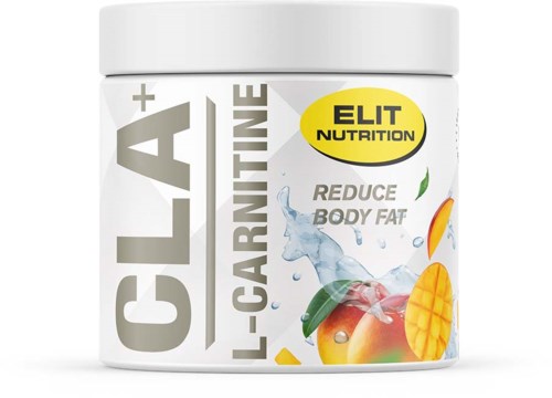 L-Carnitin kosttilskudd fra Elit Nutrition, hjelper med å redusere kroppsfett med smak av mango og andre frukter, i en hvit beholder.